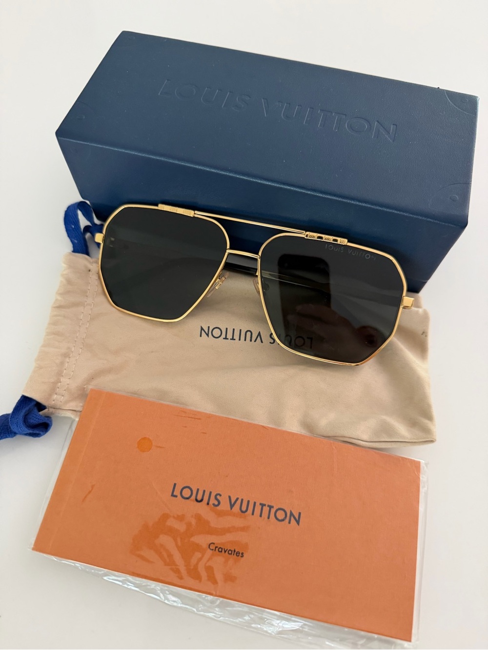 Louis Vuitton Gold Frame Sunglasses with Black Lenses and Geometric Shape